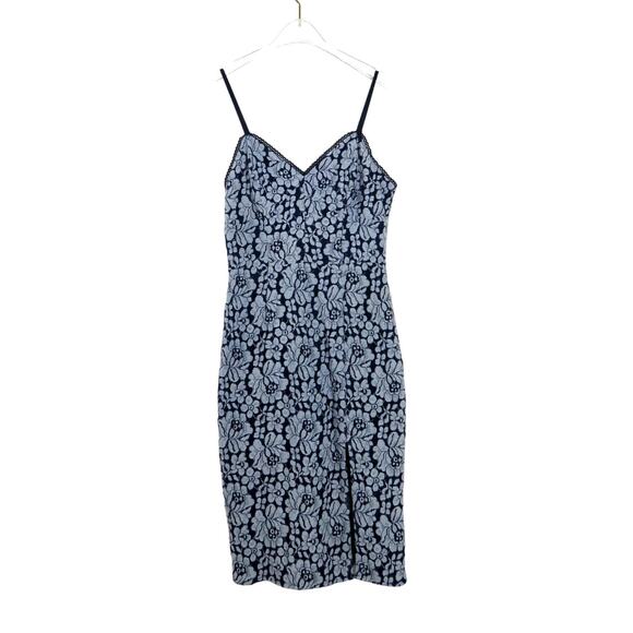 Cynthia Steffe Blue Chambray Denim Floral Lace Sweetheart Midi Dress Size 2 - Picture 3 of 6